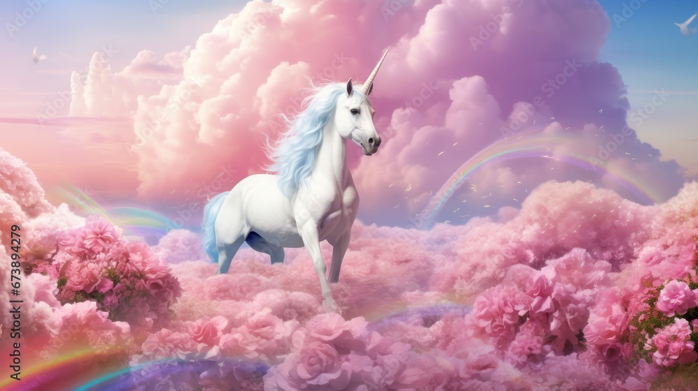 Poster a white unicorn standing in the clouds with a rainbow in the foreground and a rainbow in the sky in 