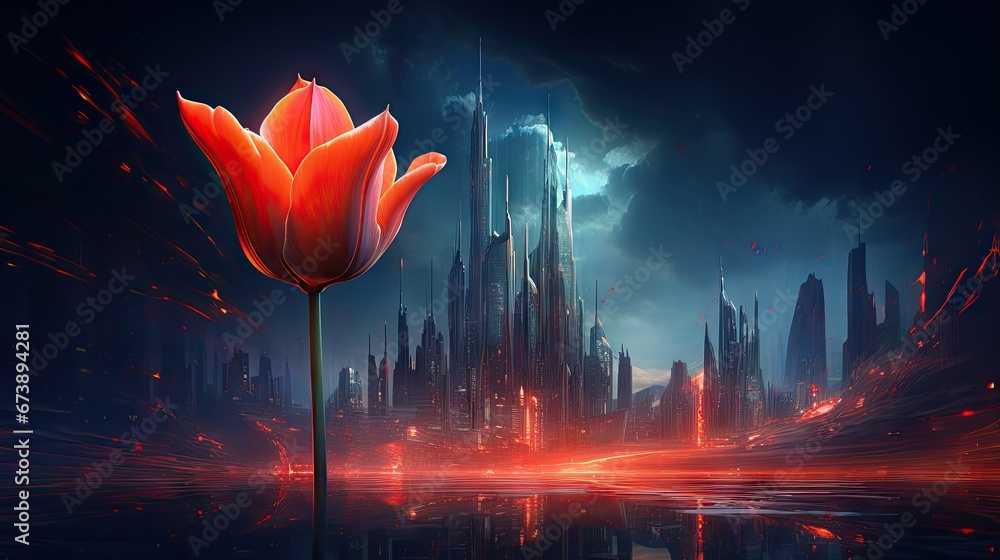 Poster a painting of a red flower in front of a cityscape with a reflection of it in the water. generative 
