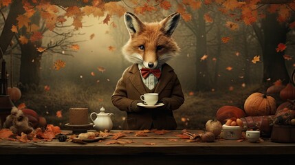  a fox dressed in a suit and bow tie sitting at a table with a cup and saucer in front of it.  generative ai - obrazy, fototapety, plakaty