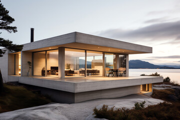 Fototapeta premium Exterior front view of modern cubic design house in Scandinavian style