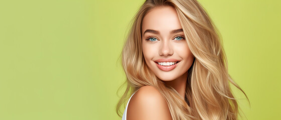 Beautiful elegant european blond-haired smiling young woman with perfect skin and long blond hair, on a lime background, close-up