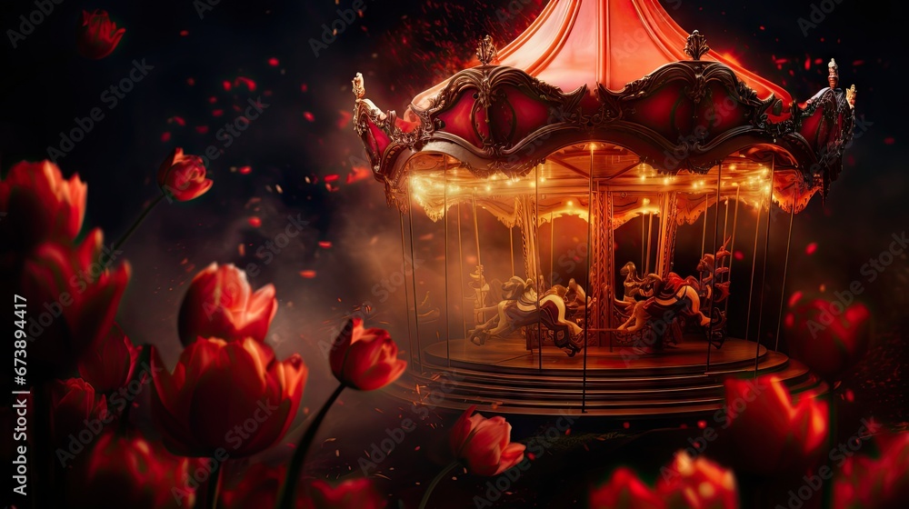 Poster  a merry go round in the middle of a field of red tulips with a carousel in the background.  generative ai