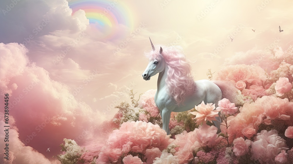 Poster a unicorn standing in a field of flowers with a rainbow in the sky in the background and clouds in t