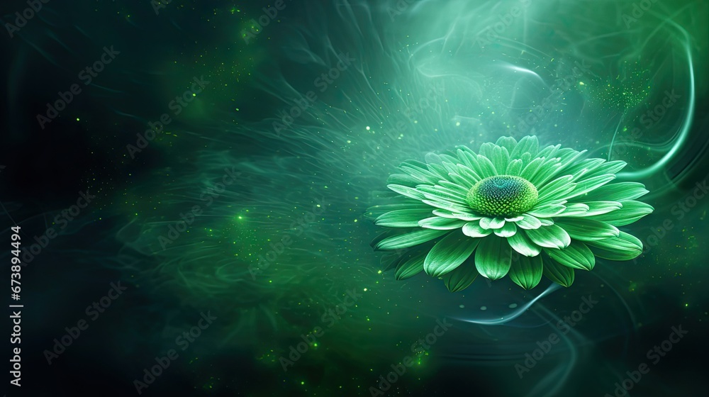Poster a picture of a green flower on a dark background with a swirl in the middle of the picture and a gre