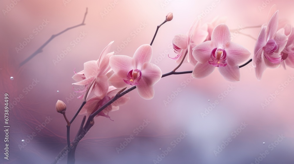 Poster a close up of a pink flower on a twig with a blurry background in the backround. generative ai