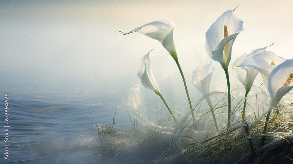 Poster  a group of white flowers sitting on top of a lush green field next to a body of water on a foggy day.  generative ai