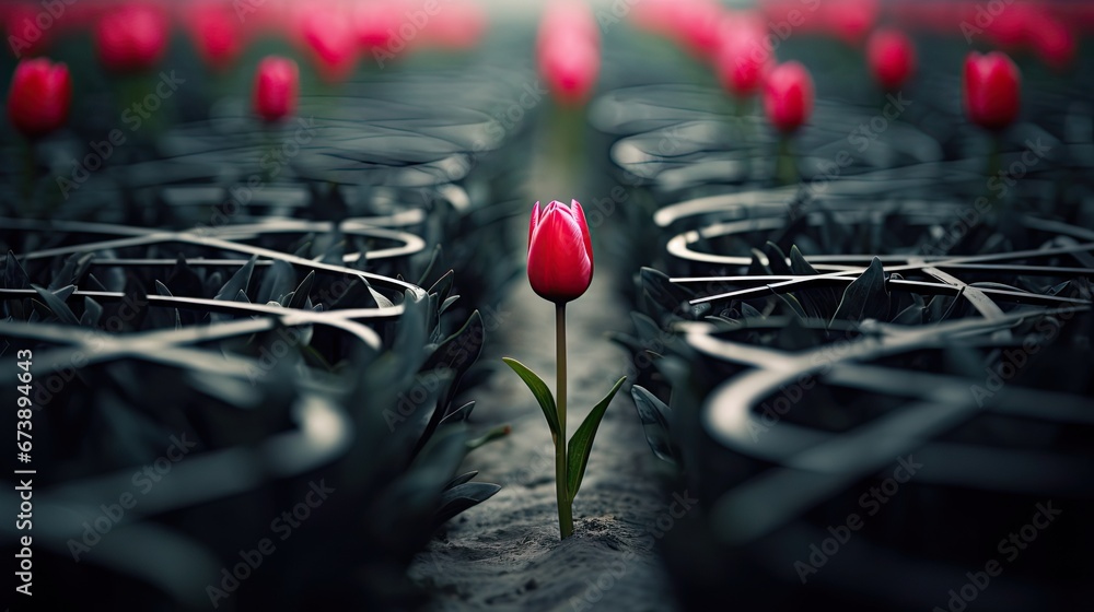 Poster a single red tulip in the middle of a row of rows of rows of rows of tulips. generative ai