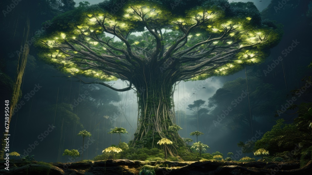 Poster a digital painting of a tree in the middle of a forest with lights shining on it's trunk and branche