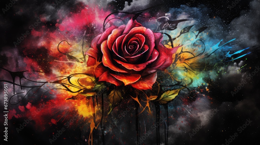 Poster a painting of a red rose on a black background with colorful swirls and splashes of paint on it. gen