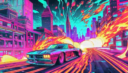 Cyberpunkowy płonący samochód na tle miasta