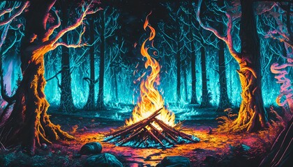 kolorowy las z ogniskiem - obrazy, fototapety, plakaty
