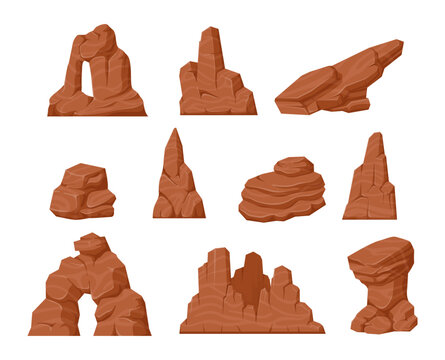 Desert rock cartoon stone canyon arc eroded nature boulder different shape set isometric vector