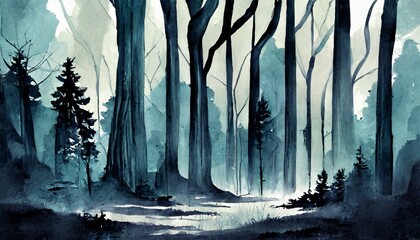 Nocny krajobraz lasu - obrazy, fototapety, plakaty