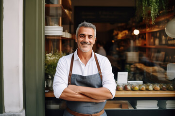 Successful middle aged small business owner standing in front of his cafe