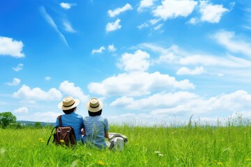 Naklejka na ściany i meble On a day when the weather is bright, there is happiness in the green fields. Couple sitting on a picnic, wallpaper background