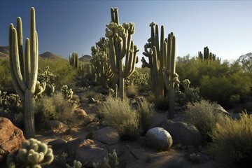 Enormous artistic cacti in the arid landscape. Generative AI