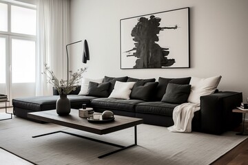Spacious, stylish living room with a big black couch and white walls. Modern and elegant interior design. Generative AI