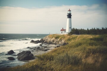 Fototapeta na wymiar Coastal state lighthouse by the sea. Generative AI