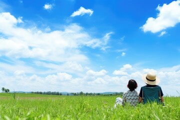 On a day when the weather is bright, there is happiness in the green fields. Couple sitting on a picnic, wallpaper background