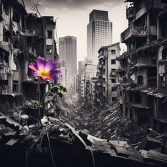 flower among a city destroyed during the war stop war background