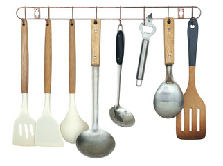 Cooking equipment made of wood, metal and plastic Hanging on a hanger isolated on transparent...