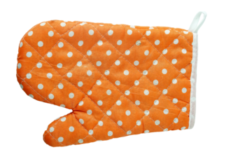 Top view orange textile with white dot cooking gloves for heat protection Isolated on transparent background.