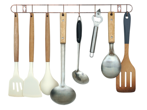 Cooking equipment made of wood, metal and plastic Hanging on a hanger isolated on transparent background