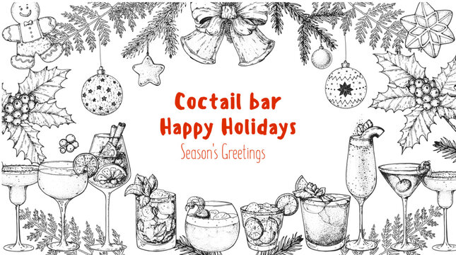Alcoholic cocktail sketch. Christmas menu. Hand drawn vector illustration. Hand drawn drinks illustration. Cocktails set. New Year menu design elements.