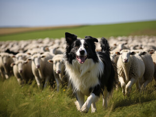 Dedicated and Hardworking Border Collie Proudly Stands in Front of Herd of sheep