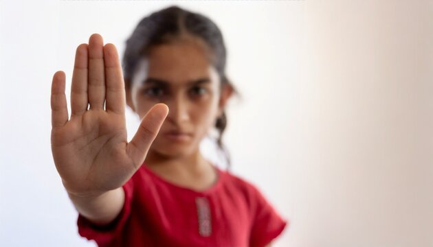 Human Rights Day Concept: Little girl with her hand extended signaling to stop useful to campaign against violence, gender or racial, discrimination