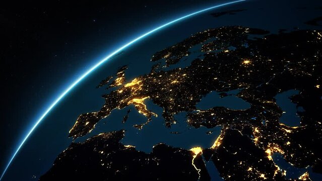 Great view of Planet Earth Spinning. From Europe to Asia with Bright City Lights.
