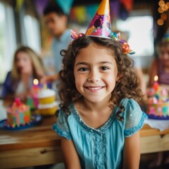 Fototapeta premium Little girl birthday party table with balloons, cupcakes, and sugaer cookies