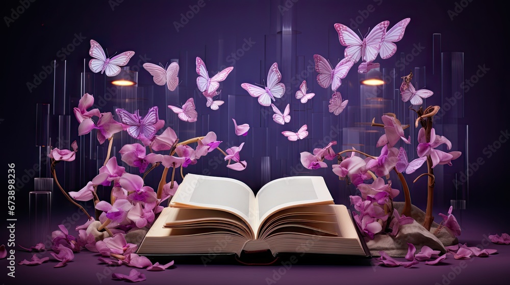 Poster an open book with butterflies flying out of it, surrounded by flowers and petals on the surface the 