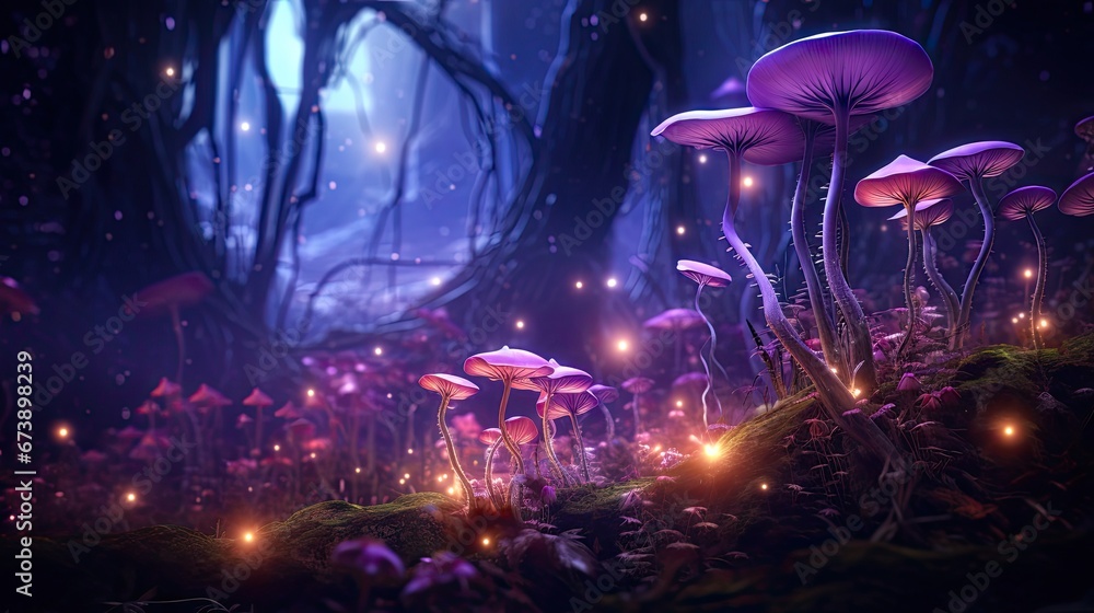 Poster a group of mushrooms in the middle of a forest with fireflies in the sky and a full moon in the back
