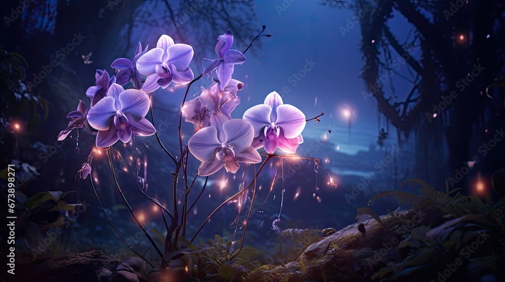 Poster a group of purple orchids with fairy lights on them in a dark forest with a full moon in the backgro