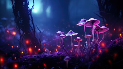  a group of mushrooms sitting on top of a forest filled with grass and glowing red lights in the dark night.  generative ai