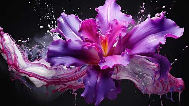  a close up of a purple flower with water splashing out of it's petals and a black background.  generative ai