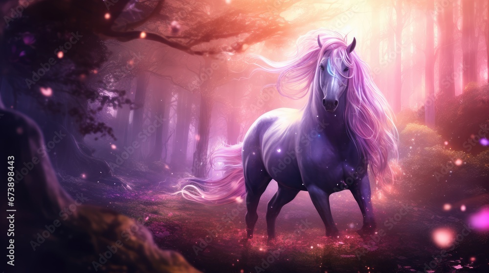 Poster a horse standing in the middle of a forest with a light shining on it's back and its mane blowing in