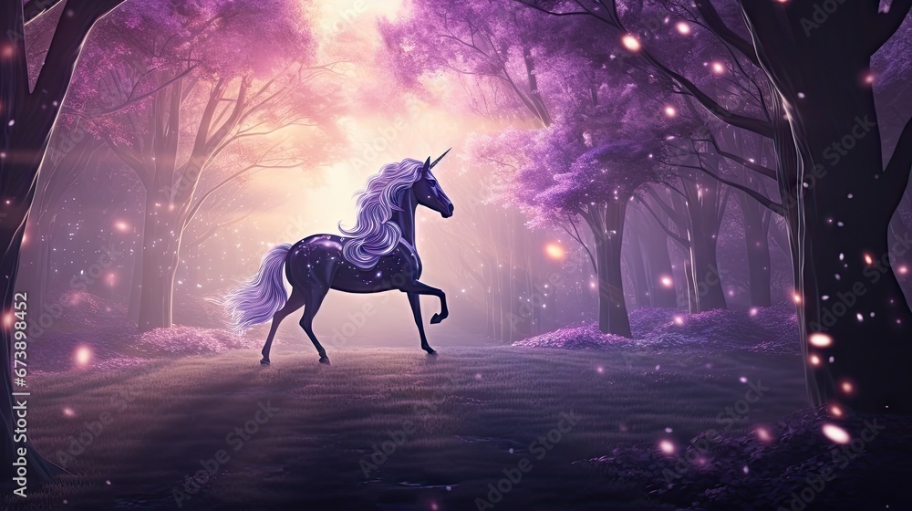 Poster a unicorn standing in the middle of a forest next to a forest filled with purple trees and a firefly