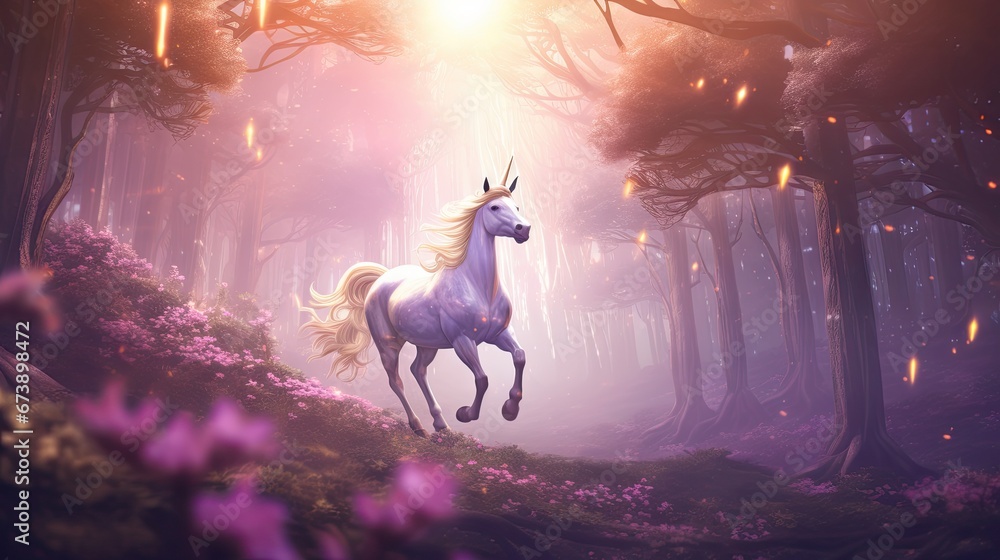 Poster a painting of a unicorn running through a forest with flowers in the foreground and the sun shining 