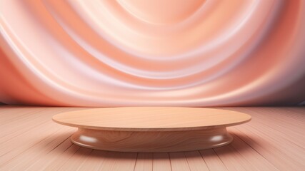 Wooden circular podium with coral drapes in backdrop, Premium showcase mockup template for Beauty, Cosmetic, Luxury products, with copy space for text