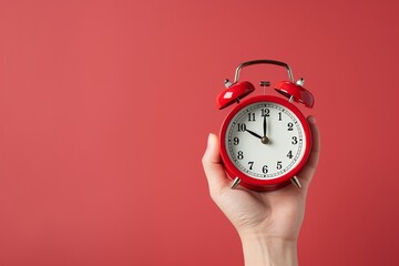 Female hand holding a black alarm clock isolated on red background