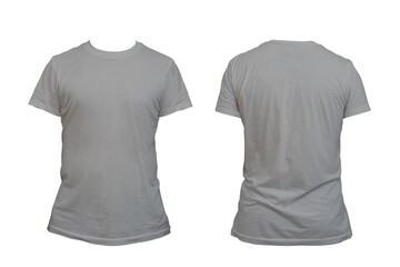 Blank gray t-shirt template for men, from two sides, natural shape on invisible mannequin, for mockup of your design for printing. - obrazy, fototapety, plakaty