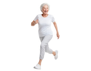 Happy elderly woman jogging, cut out
