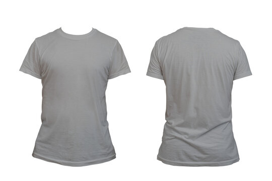 Blank gray t-shirt template for men, from two sides, natural shape on invisible mannequin, for mockup of your design for printing.