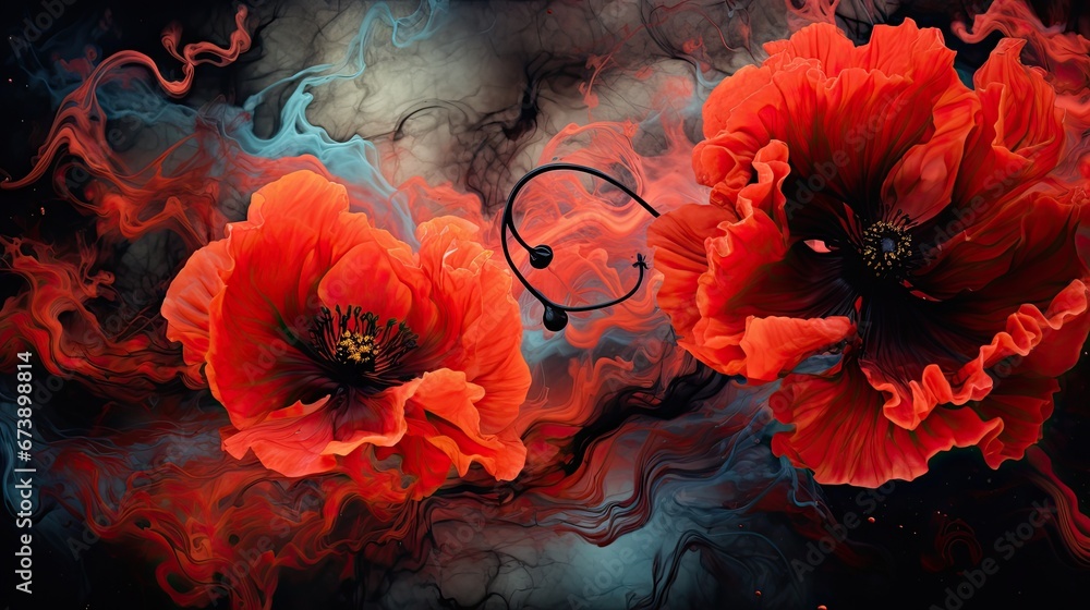 Poster two red flowers on a black background with a swirl of red on the bottom of the image and a black bac