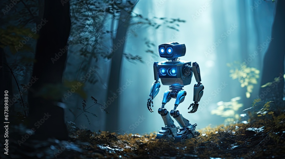 Poster a robot standing in the middle of a forest in front of a light shining down on it's head. generative