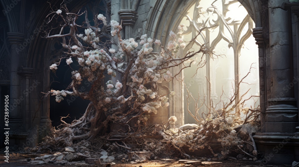 Poster a bunch of branches that are in front of a building with a light coming through the window and a lig