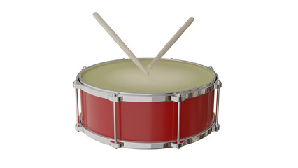 Red snare drum with drum sticks isolated on transparent and white background. Music concept. 3D render