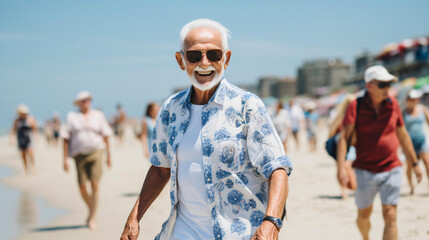 Retired enjoying a vacation on a paradisiacal beach with a lot of style. Jovial-looking man walking happily on a sunny day, dressed in a shirt with large blue motifs, wearing sunglasses